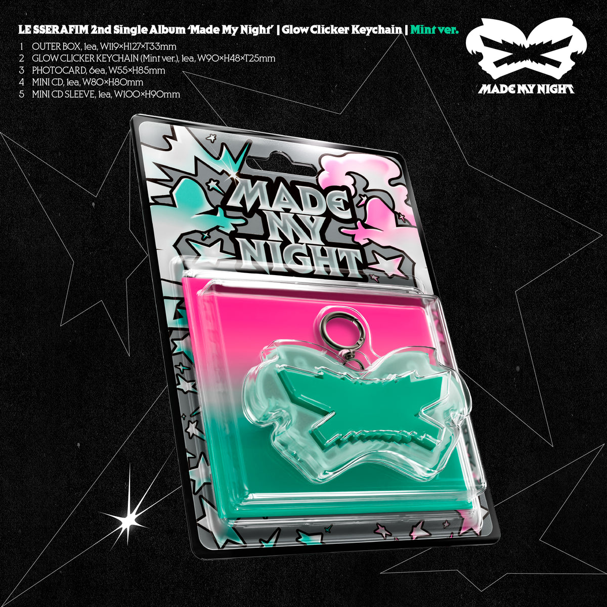 LE SSERAFIM 2nd Single Album 'Made My Night' Glow Clicker Keychain (Mint ver.) Packaging