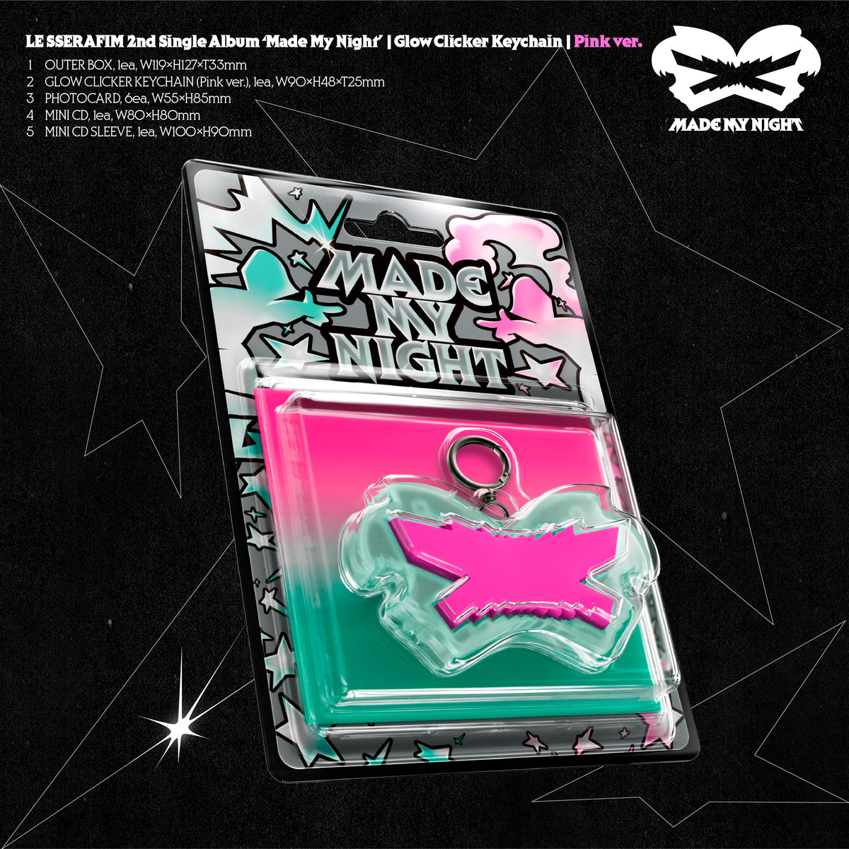 LE SSERAFIM 2nd Single Album 'Made My Night' Glow Clicker Keychain (Pink ver.) Packaging